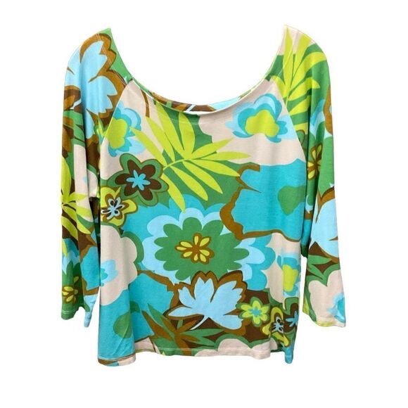 Judy Lee Cole Top Scoop Neck Tropical Aqua Green Yellow White Floral Print XL - Picture 1 of 9